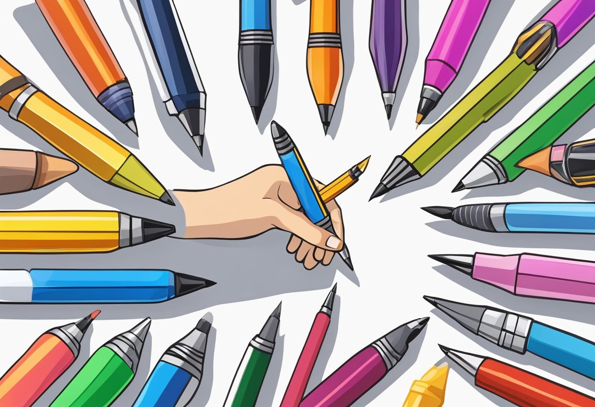 A hand reaches for a variety of colorful pens displayed on a table, carefully examining each one before selecting the perfect pen for a gift
