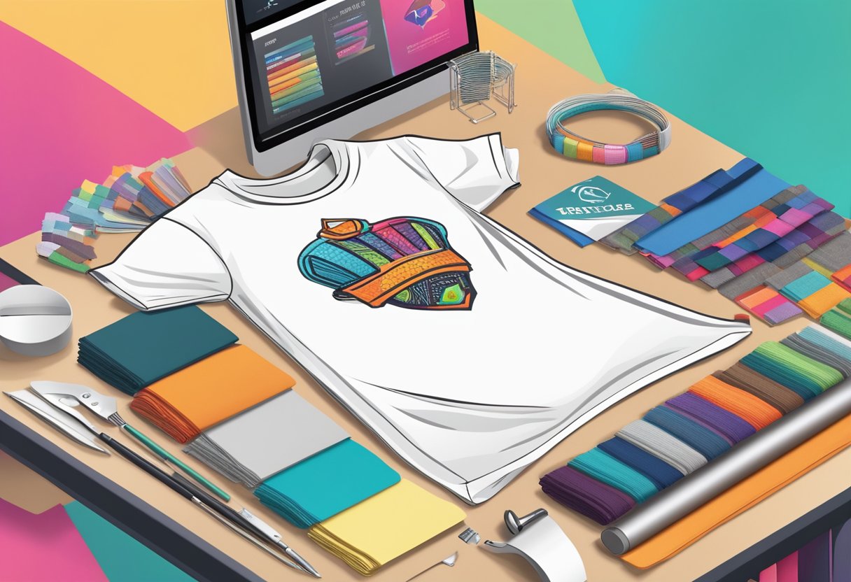 A vibrant t-shirt design displayed on a mannequin, surrounded by various fabric swatches and graphic design tools. The logo and branding elements are prominently featured, showcasing the potential for brand impact