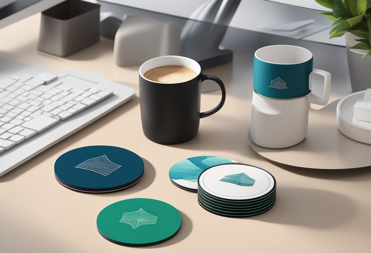 A stack of branded coasters sits on a sleek desk, surrounded by elegant corporate gifts and a modern office setting