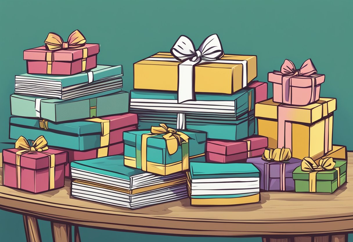 A stack of unique gifts with "Frequently Asked Questions" text on a table