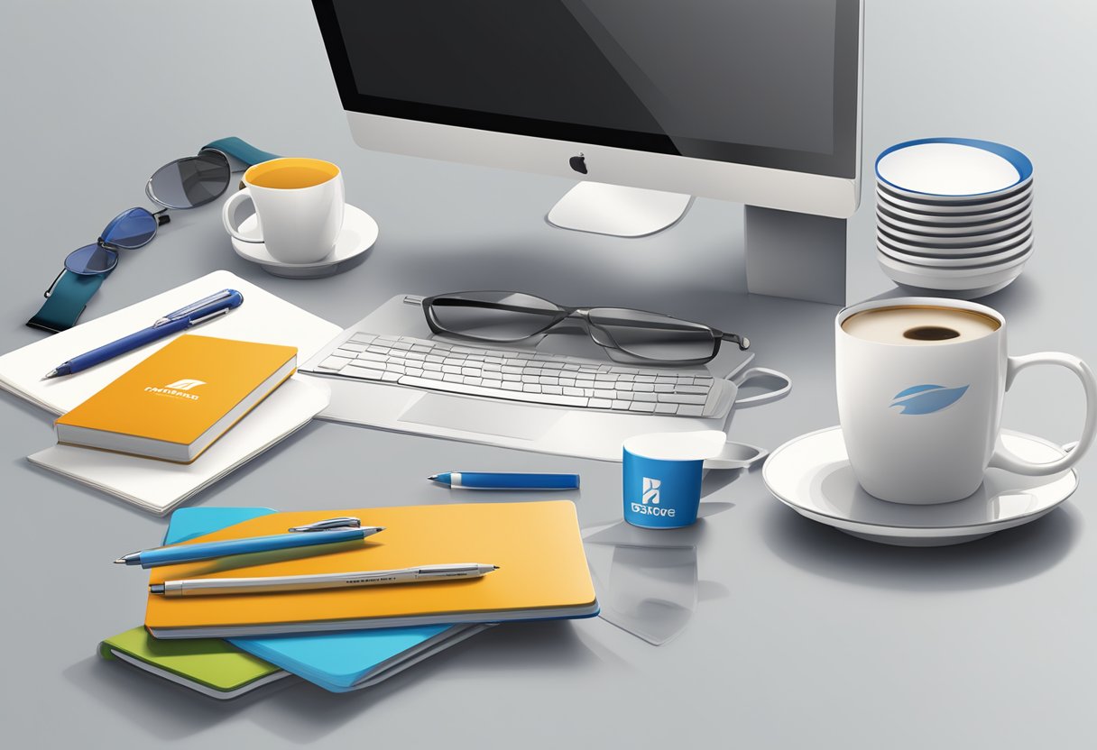 A table stacked with branded merchandise, including mugs, pens, and notebooks, with a company logo displayed prominently