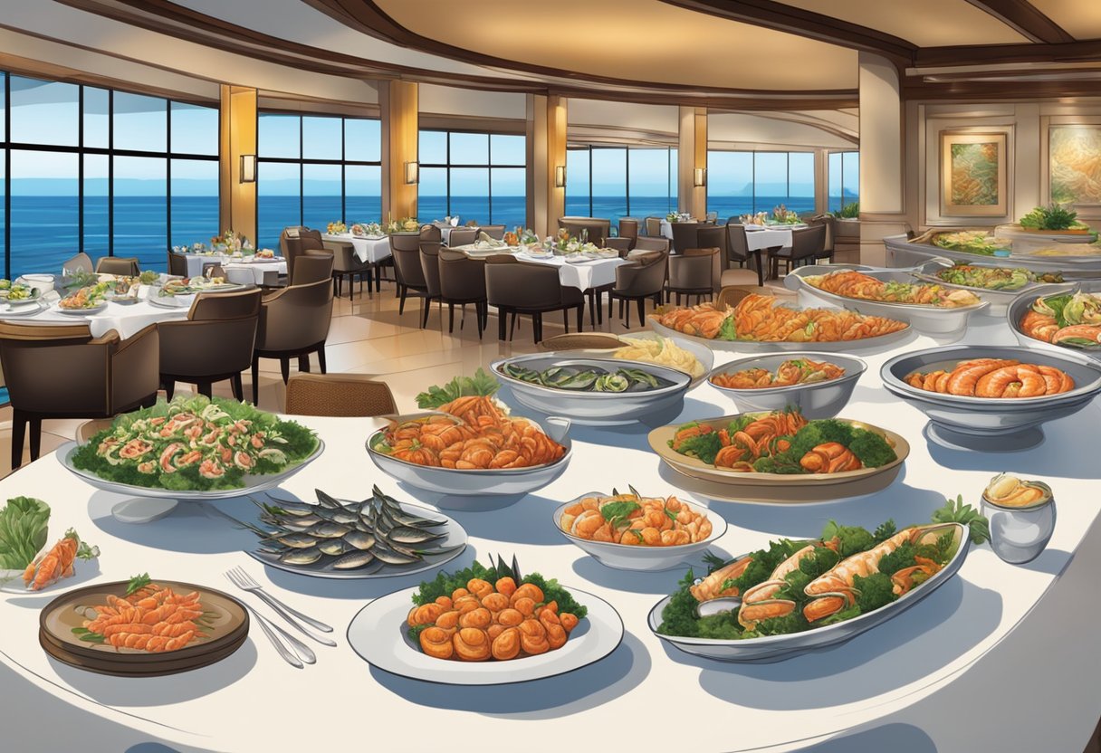 A lavish spread of fresh seafood and gourmet dishes on display at Pacific Seafood Buffet, with elegant table settings and ambient lighting