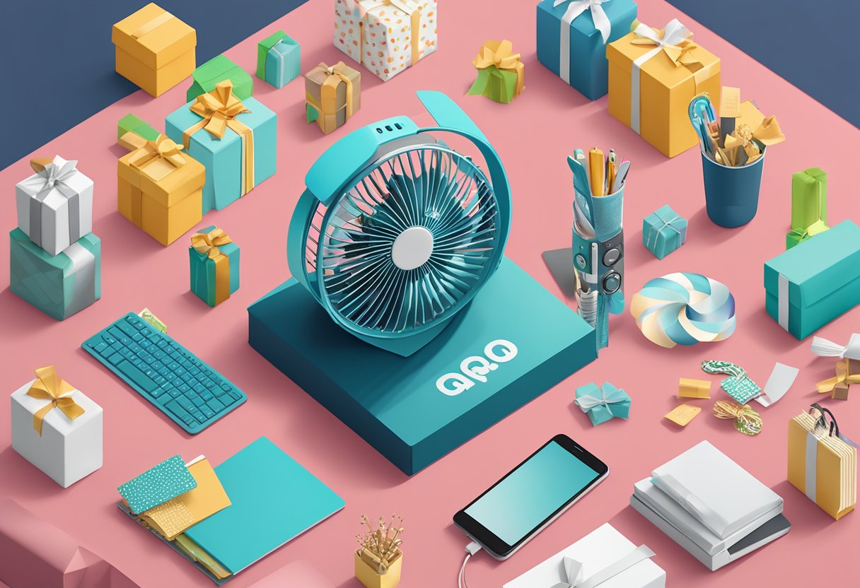A USB fan surrounded by corporate gifts with a "Frequently Asked Questions" sign in the background