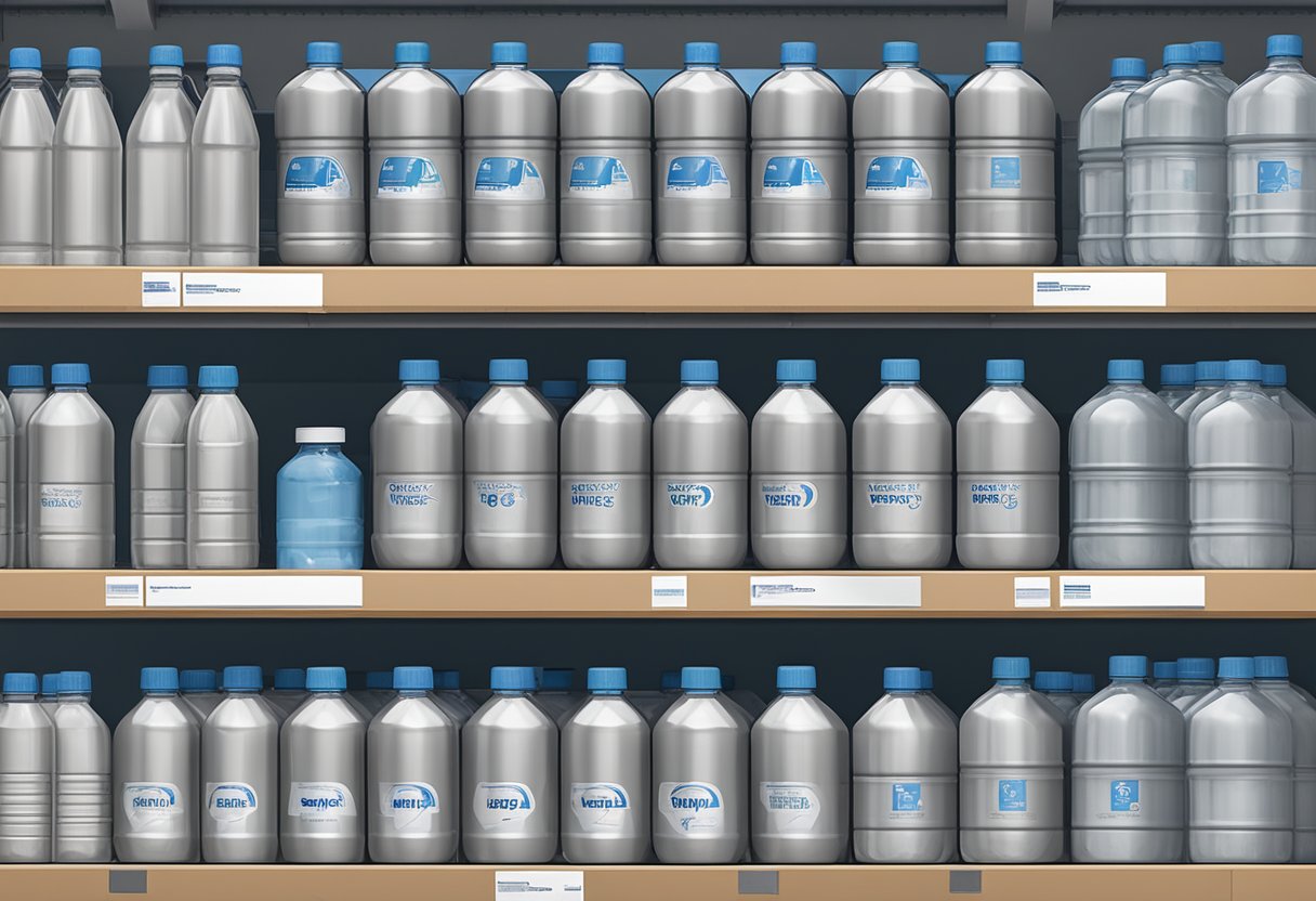 A stack of branded water bottles sits neatly on a warehouse shelf, ready for distribution. Labels proudly display the company logo and the words "Frequently Asked Questions water bottle supplier."
