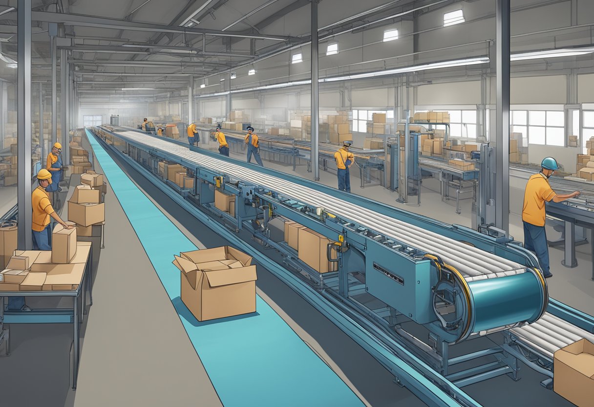A conveyor belt moves personalized tote bags through a factory, while workers package and label them for distribution