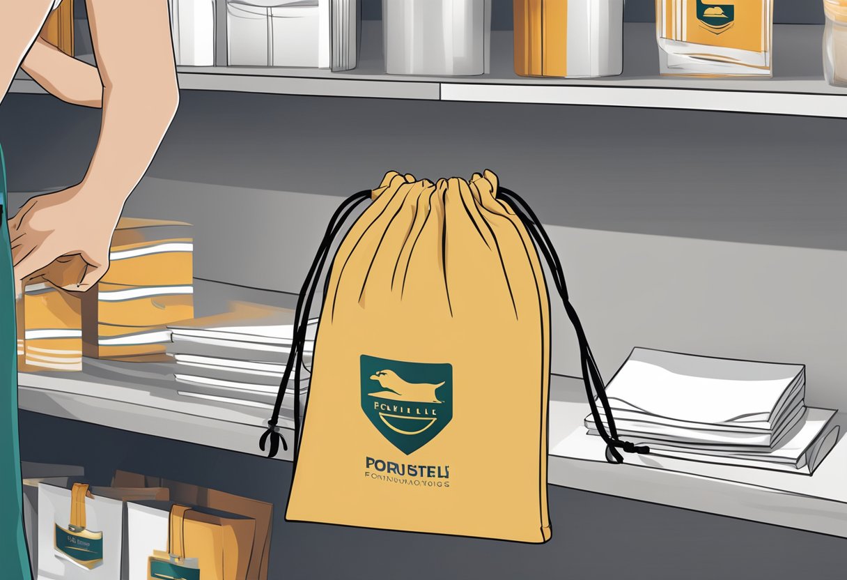 A hand reaches for a custom drawstring pouch with a logo, displayed on a retail shelf