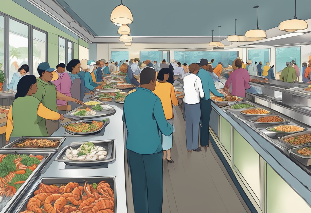 A bustling buffet restaurant with a diverse selection of fresh seafood dishes laid out on a long, well-lit counter. Customers line up with plates in hand, eager to sample the offerings