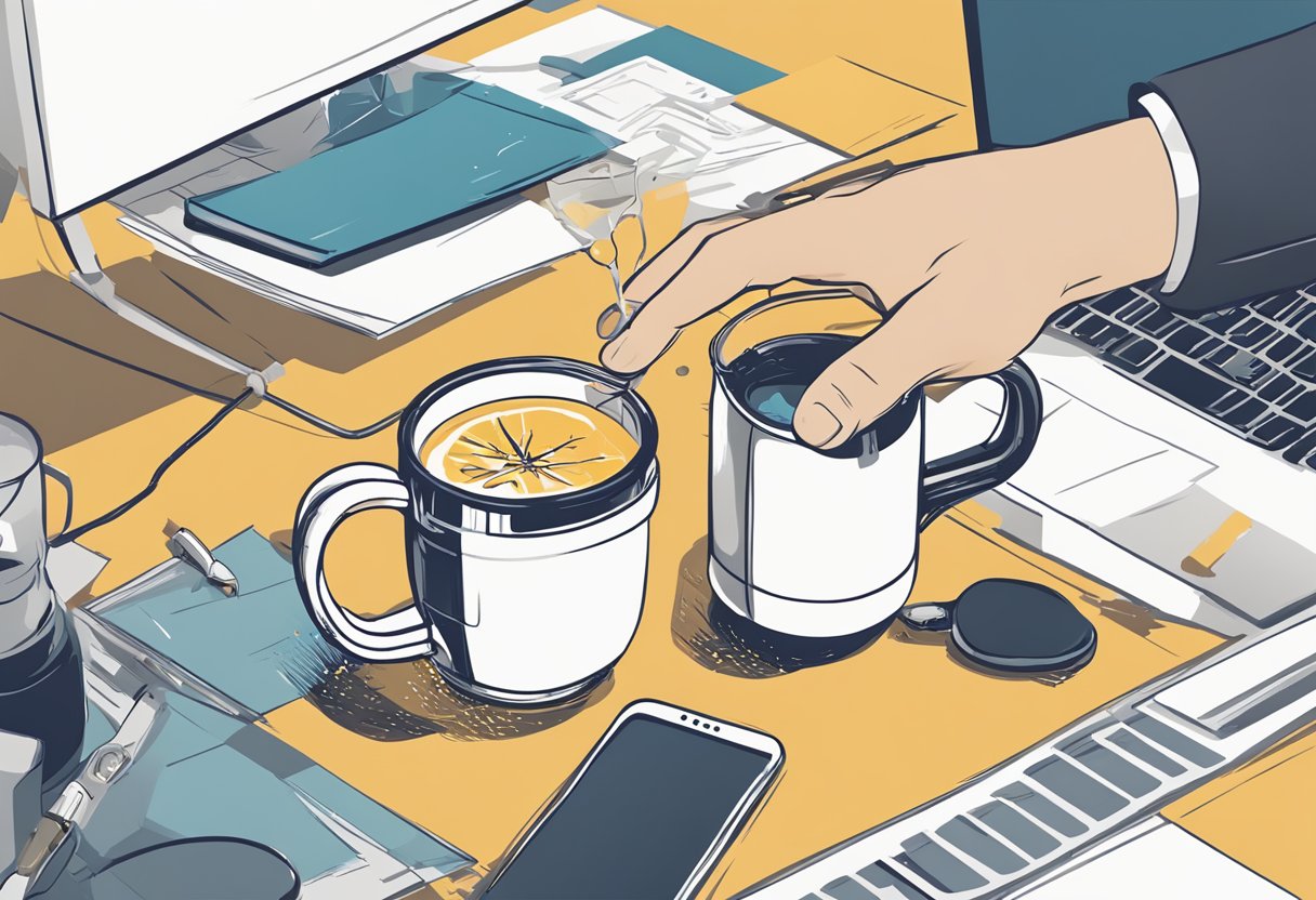 A hand reaching for an anti-spill mug on a cluttered desk, with a spilled drink nearby