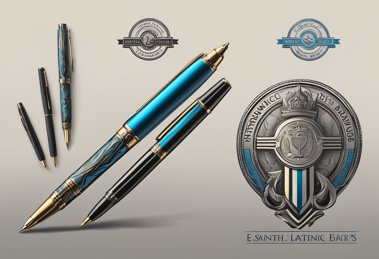 A hand holding a custom logo pen, with the logo prominently displayed on the pen's barrel