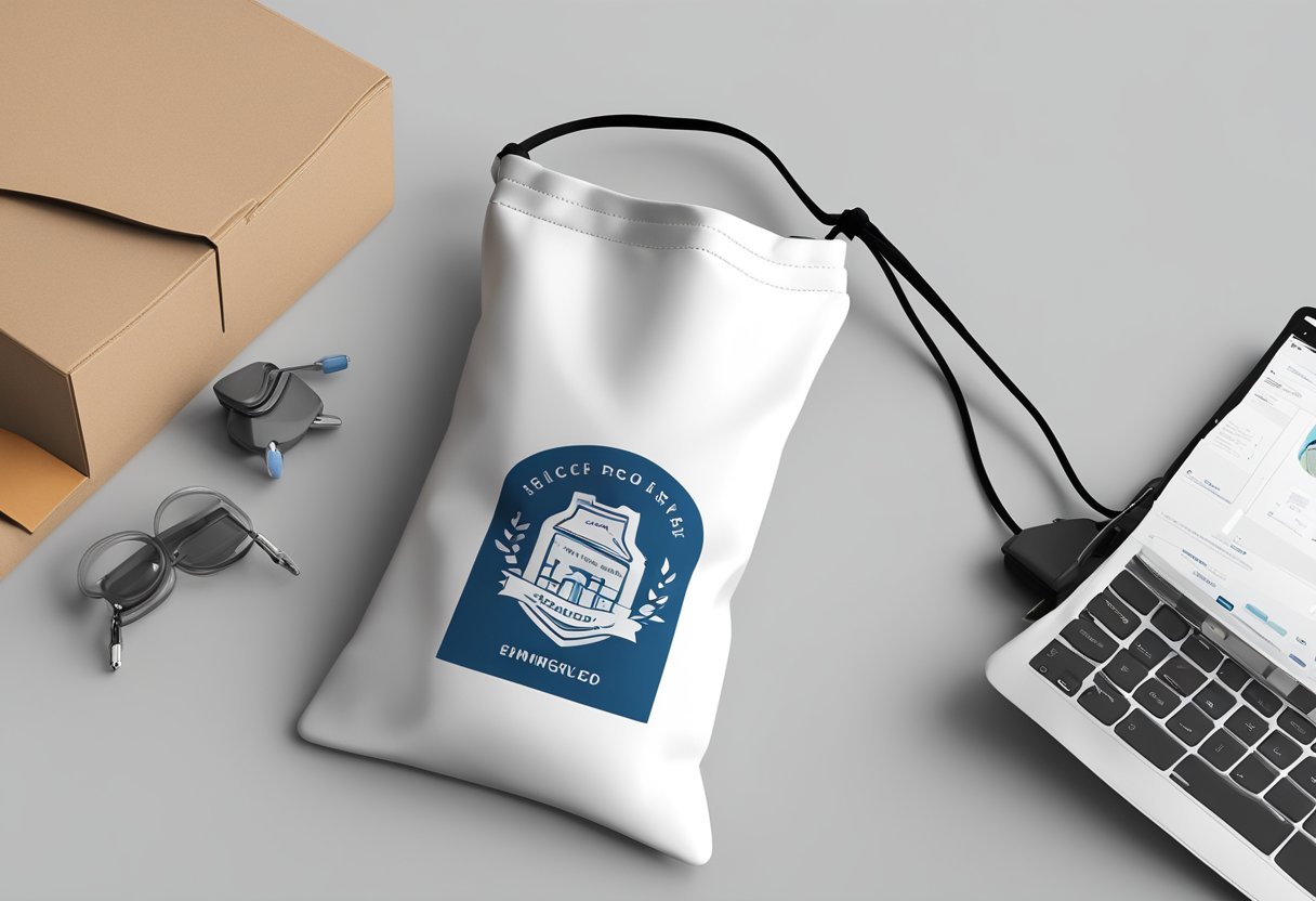 A custom drawstring pouch with logo is being filled with various items, such as a phone, keys, and a water bottle. The pouch is being pulled closed and carried by a person