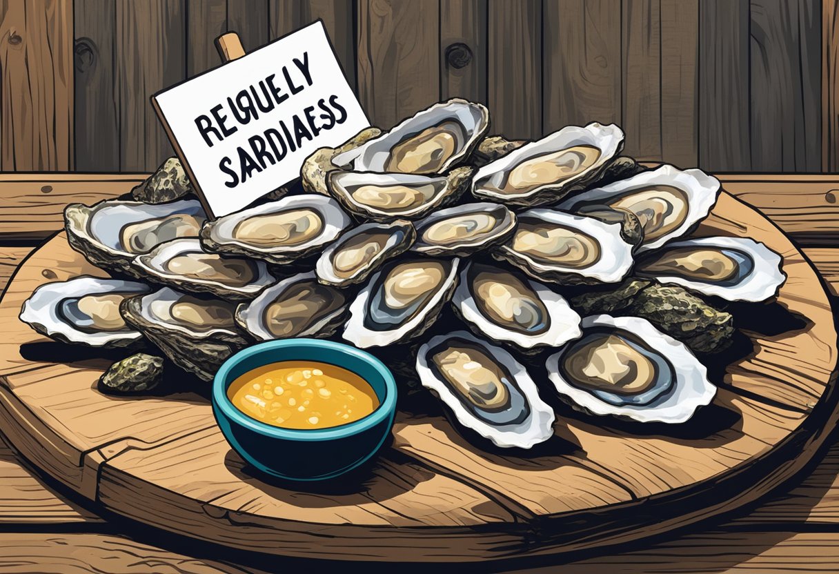 A pile of oysters and sardines arranged on a rustic wooden table, with a sign above them reading "Frequently Asked Questions: Oysters vs Sardines."