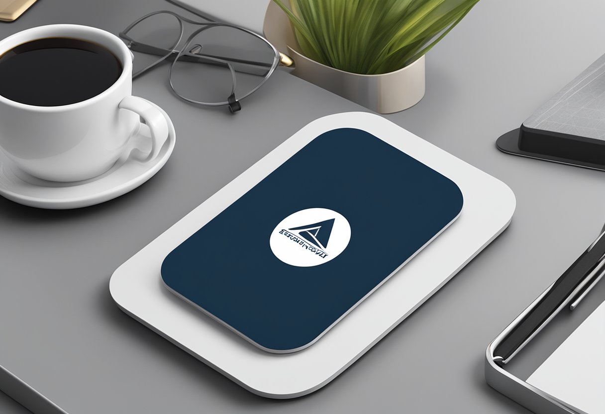 A set of corporate gifts coasters arranged on a sleek, modern desk with a logo prominently displayed on each one
