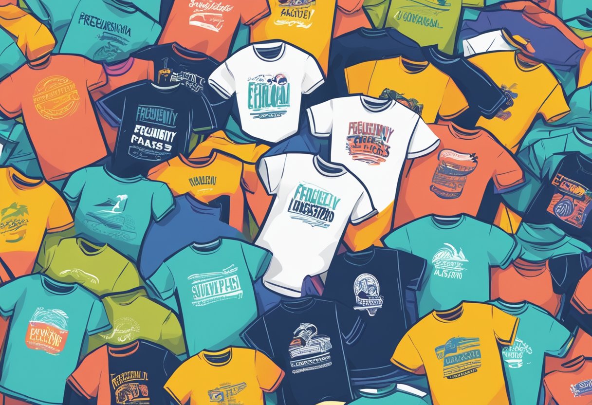 A stack of colorful t-shirts with "Frequently Asked Questions" printed on them, surrounded by various printing and design equipment