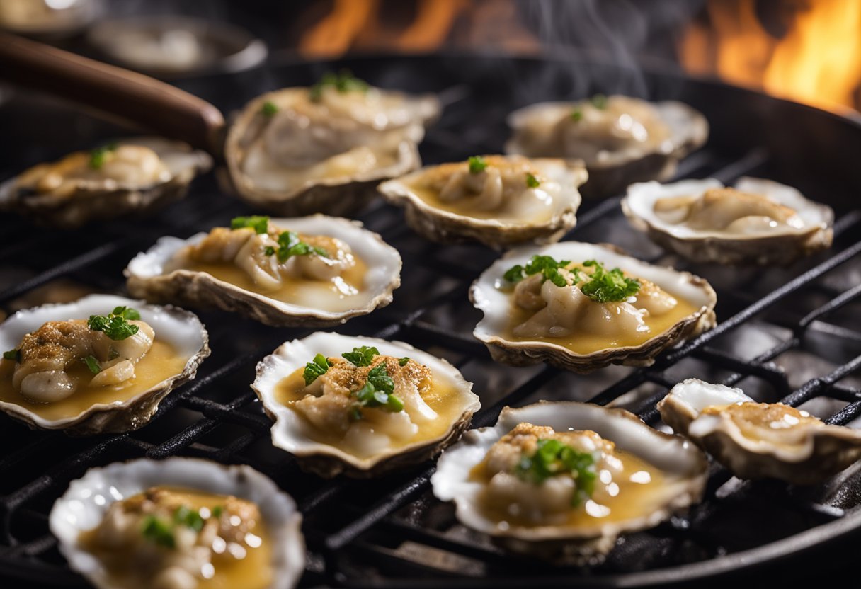 A sizzling oyster pancake cooks on a hot griddle, steam rising, with a golden-brown crust and plump oysters peeking out