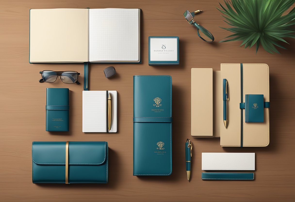 A table adorned with upscale branded corporate gifts, including leather notebooks, engraved pens, and elegant gift boxes