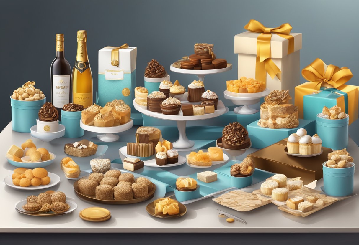 A table with a variety of gift options, including branded items and luxurious treats, displayed in an organized and professional manner