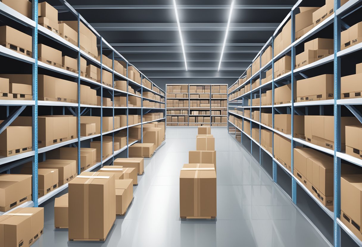 A warehouse filled with shelves of electronic corporate gifts in wholesale packaging