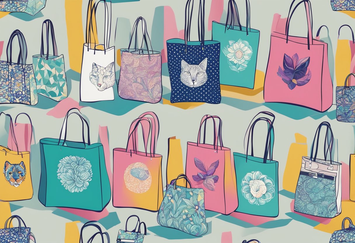 A tote bag being printed with a customized design, with various colors and patterns available for selection