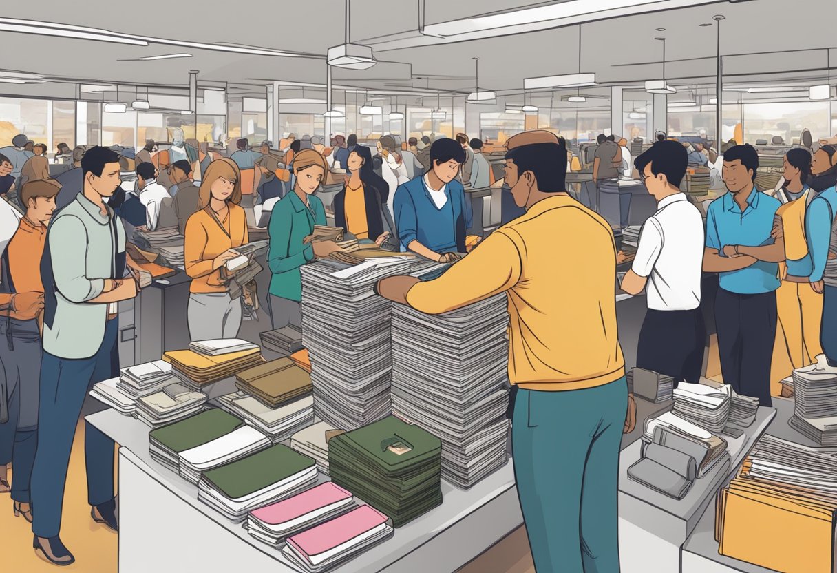A table stacked with various styles of wholesale wallets, surrounded by busy salespeople and customers browsing the selection