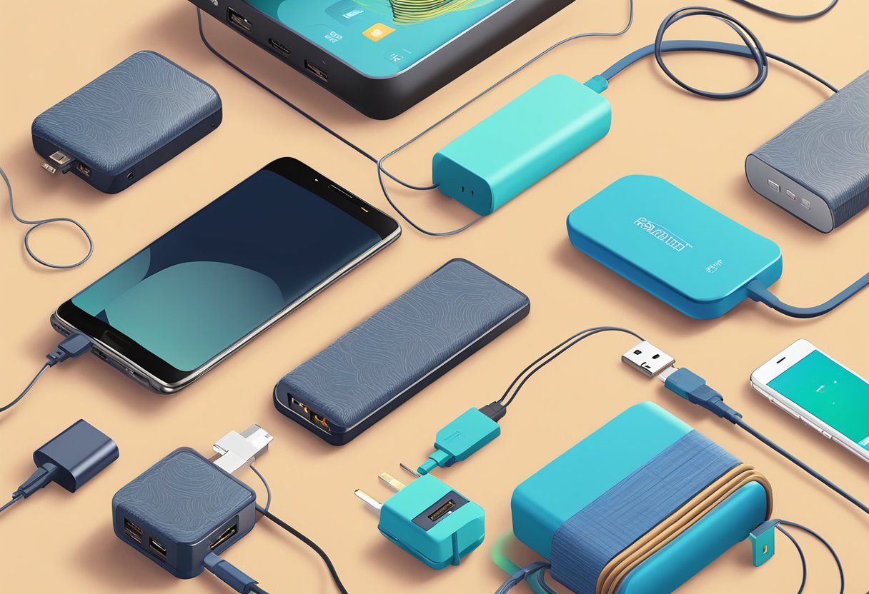A portable charger with custom design, surrounded by various electronic devices and cables