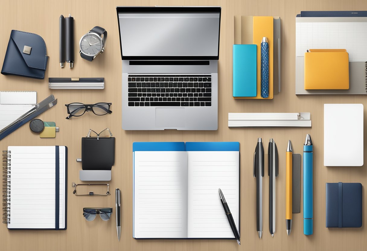 A sleek, modern office desk adorned with premium branded corporate gifts, including high-quality pens, leather-bound notebooks, and polished metal desk accessories