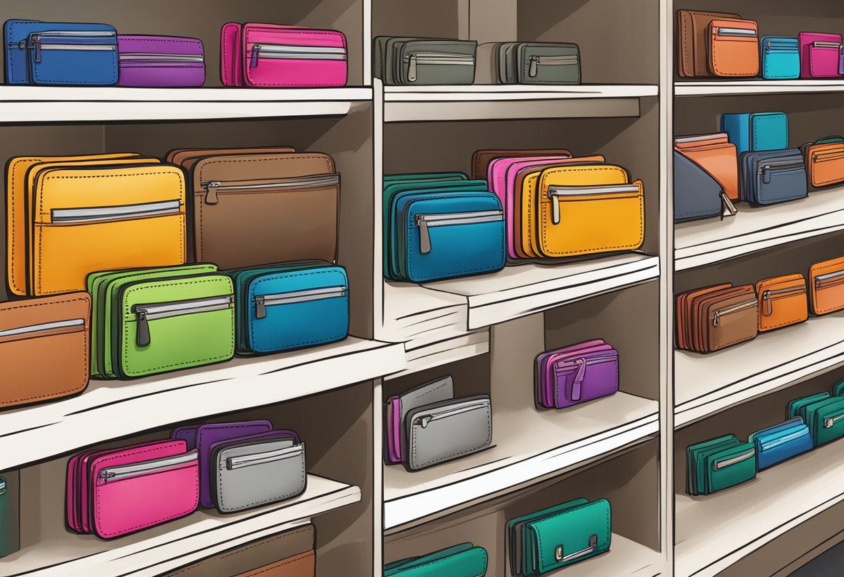 A stack of colorful wallets arranged neatly on a display shelf with a sign reading "Frequently Asked Questions wholesale wallet" above them