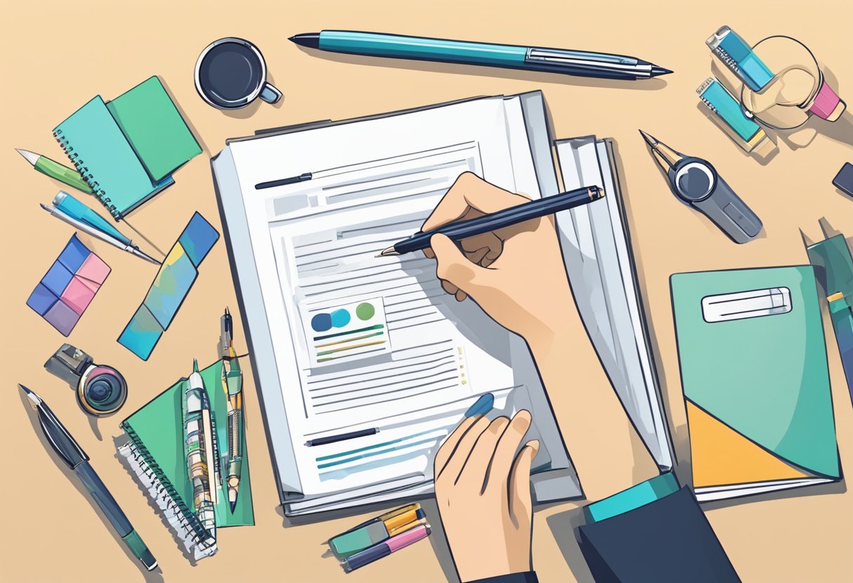 A hand reaches for a custom logo pen, surrounded by various marketing materials. The pen stands out, strategically placed to draw attention