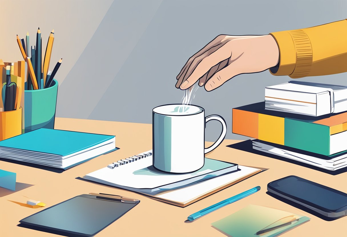 A hand reaches for an anti-spill mug surrounded by corporate gifts on a sleek desk