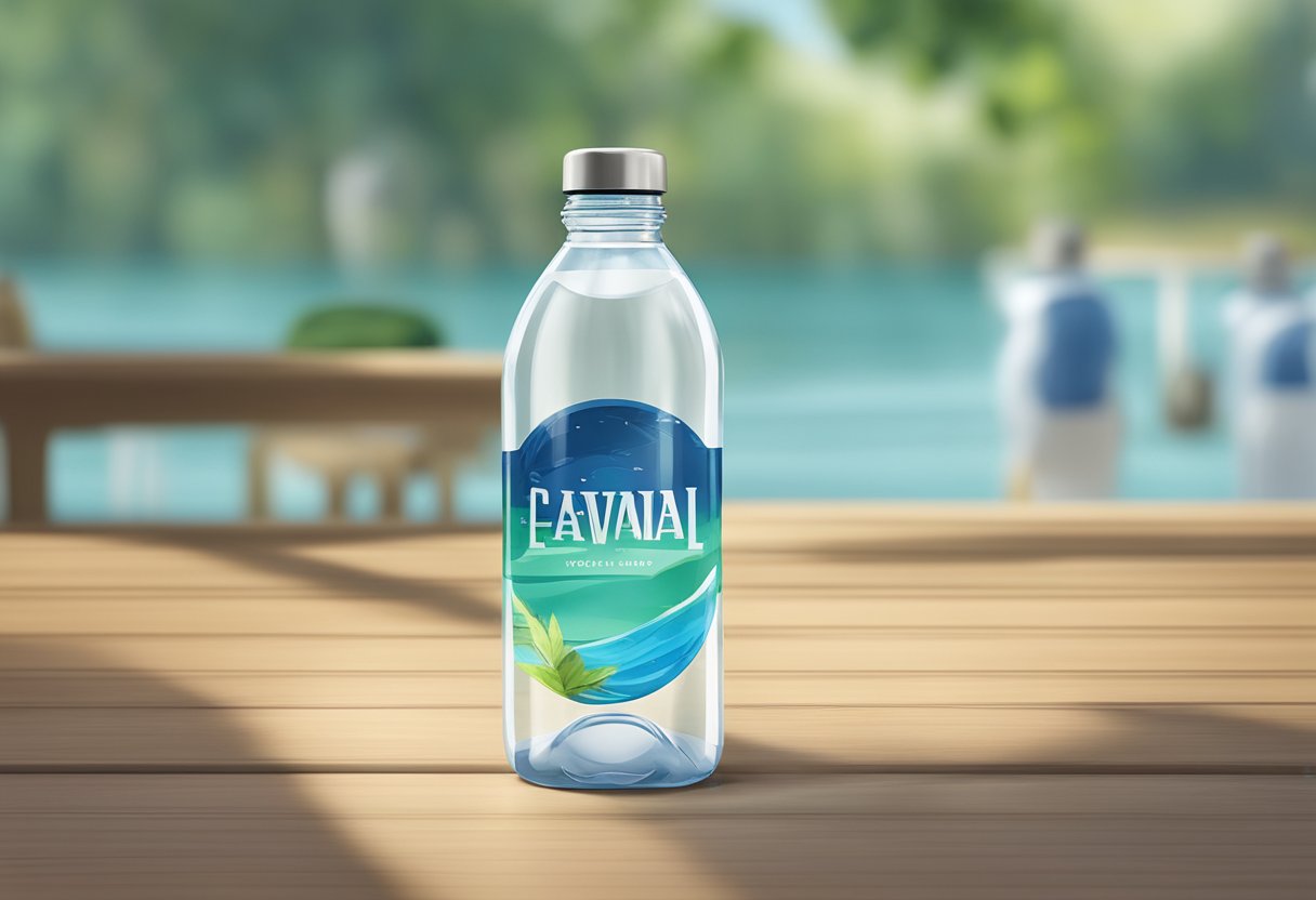 A clear water bottle sits on a table, with a printed name prominently displayed on the side