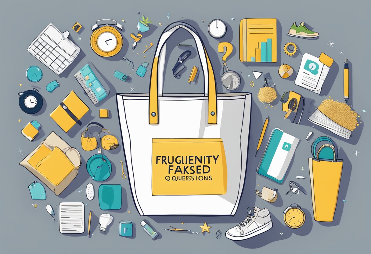 A tote bag with "Frequently Asked Questions" text and personalized design, surrounded by various items and people showing interest