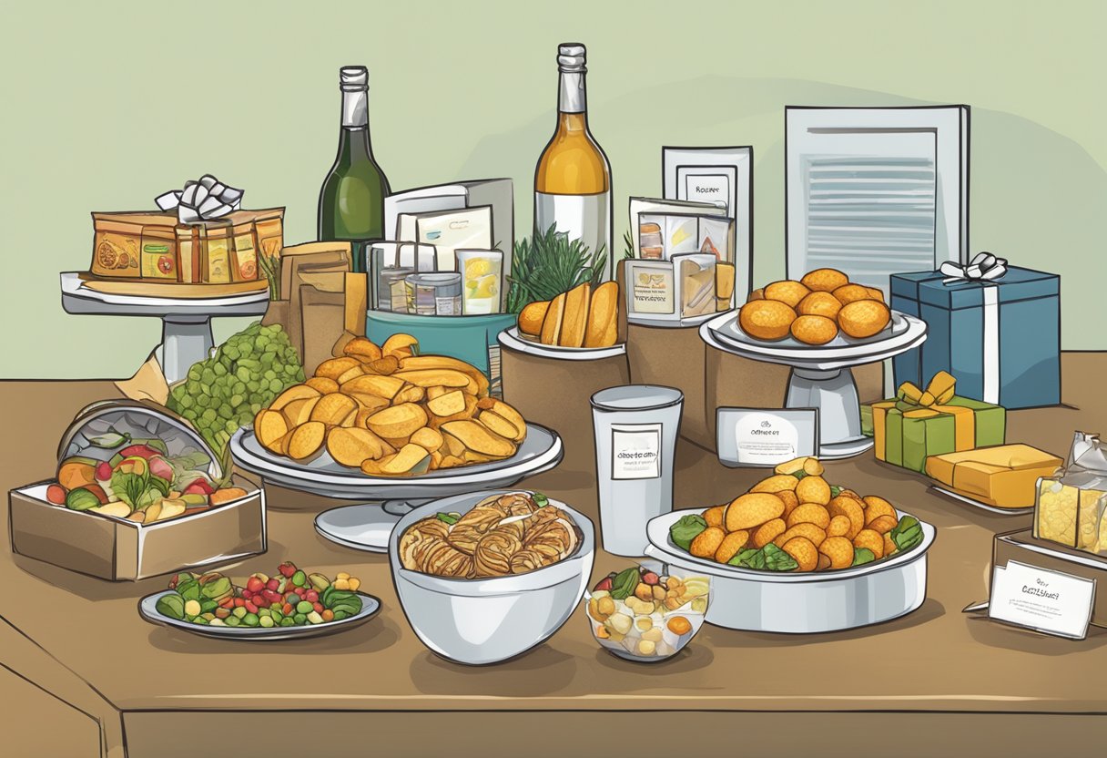 A table adorned with various food items and corporate gift packages, with a sign reading "Frequently Asked Questions food corporate gifts" displayed prominently