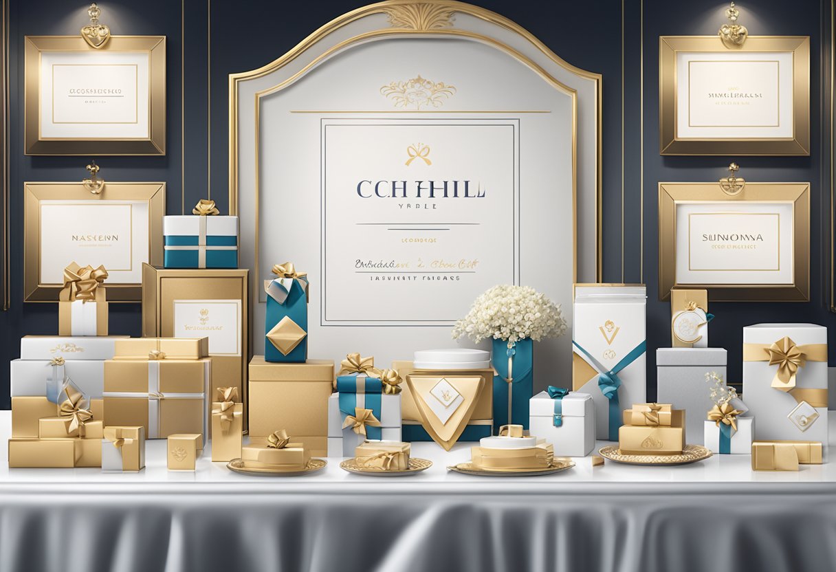 A table displaying a variety of elegant corporate gift options, including branded items, luxury products, and personalized gifts. A banner with the event logo hangs in the background
