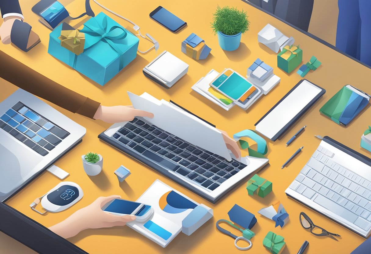 A hand reaches for a sleek electronic device among a selection of corporate gifts on a display table