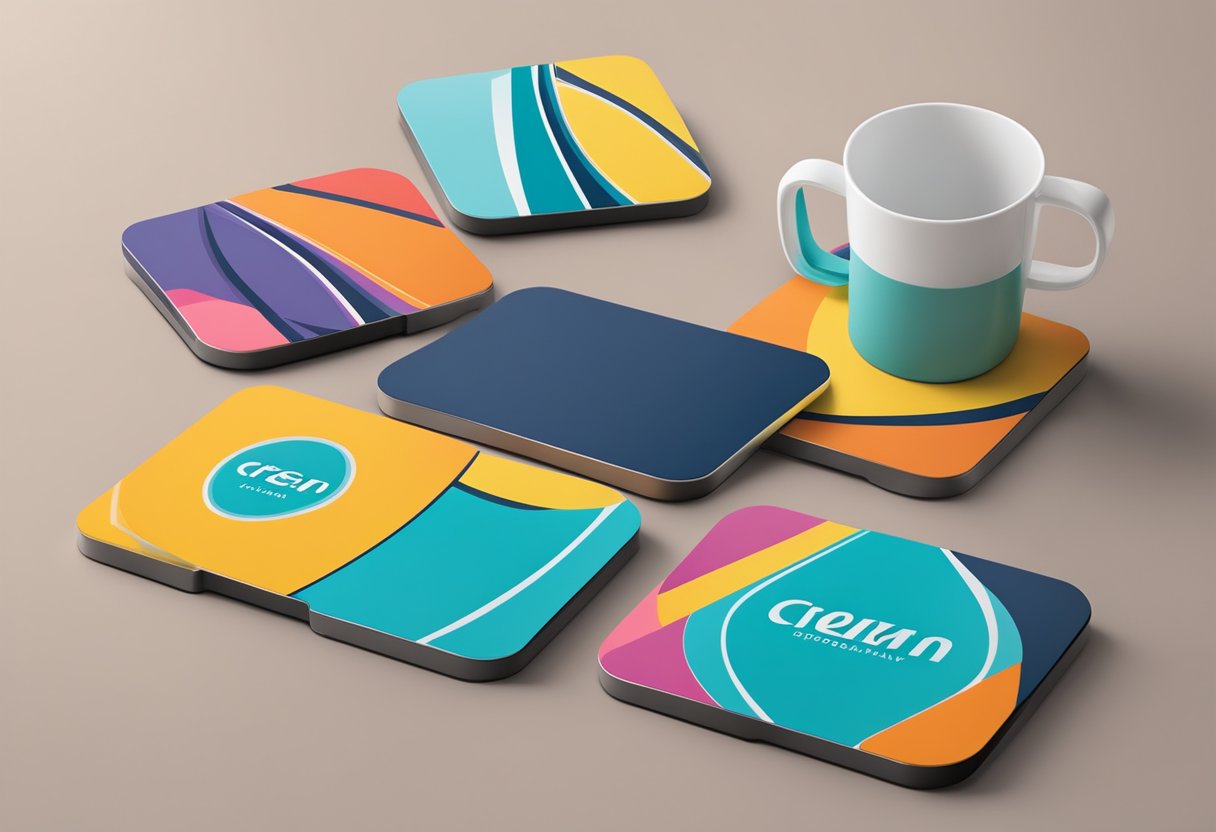 Coasters arranged in a sleek, modern design. Packaging displays Impact corporate logo. Bright colors and clean lines for professional gifting