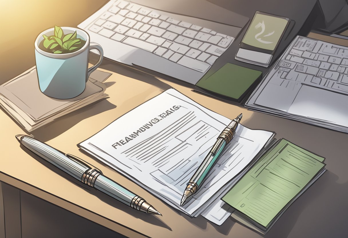 A custom logo pen sitting on a desk, with a stack of Frequently Asked Questions pamphlets next to it