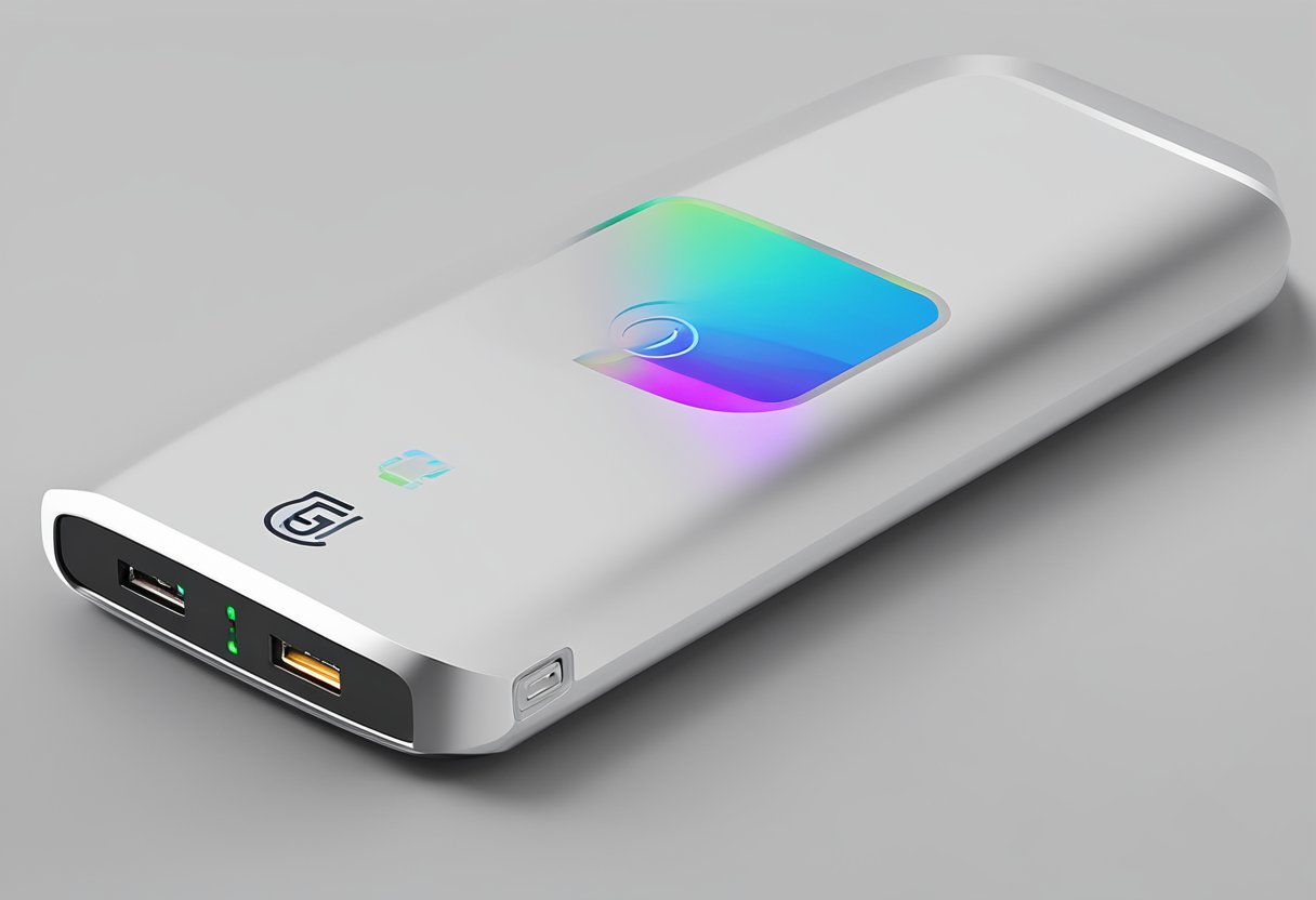 A branded portable charger displayed on a sleek, modern desk with a logo prominently featured