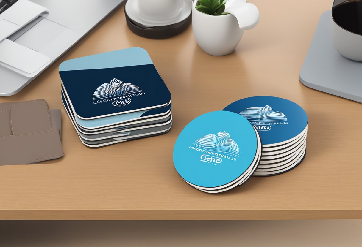 A stack of branded coasters displayed on a sleek corporate desk, with a logo prominently featured. A customer service representative smiling while answering questions about the gifts