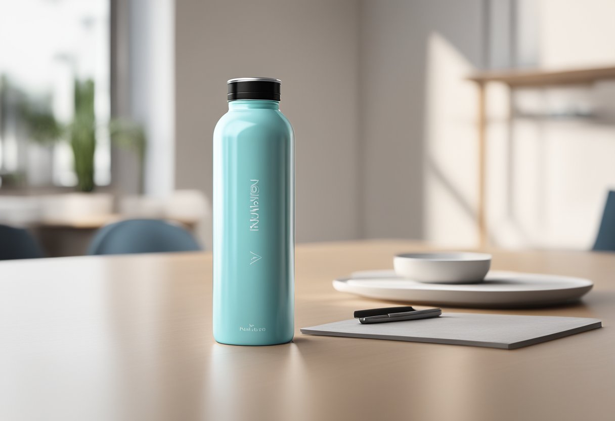 A water bottle sits on a table, personalized with a printed name. The design is sleek and modern, with a clean and minimalist aesthetic