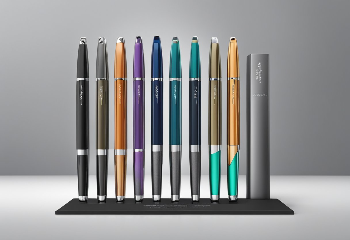 A collection of premium pen brands displayed on a sleek, modern presentation stand, ready to be given as elegant gifts