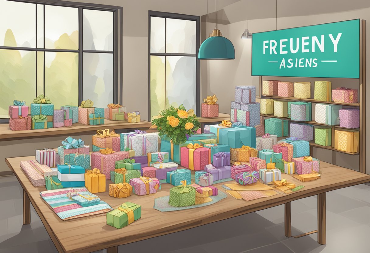 A table with various custom bulk gifts displayed, accompanied by a sign reading "Frequently Asked Questions" above it