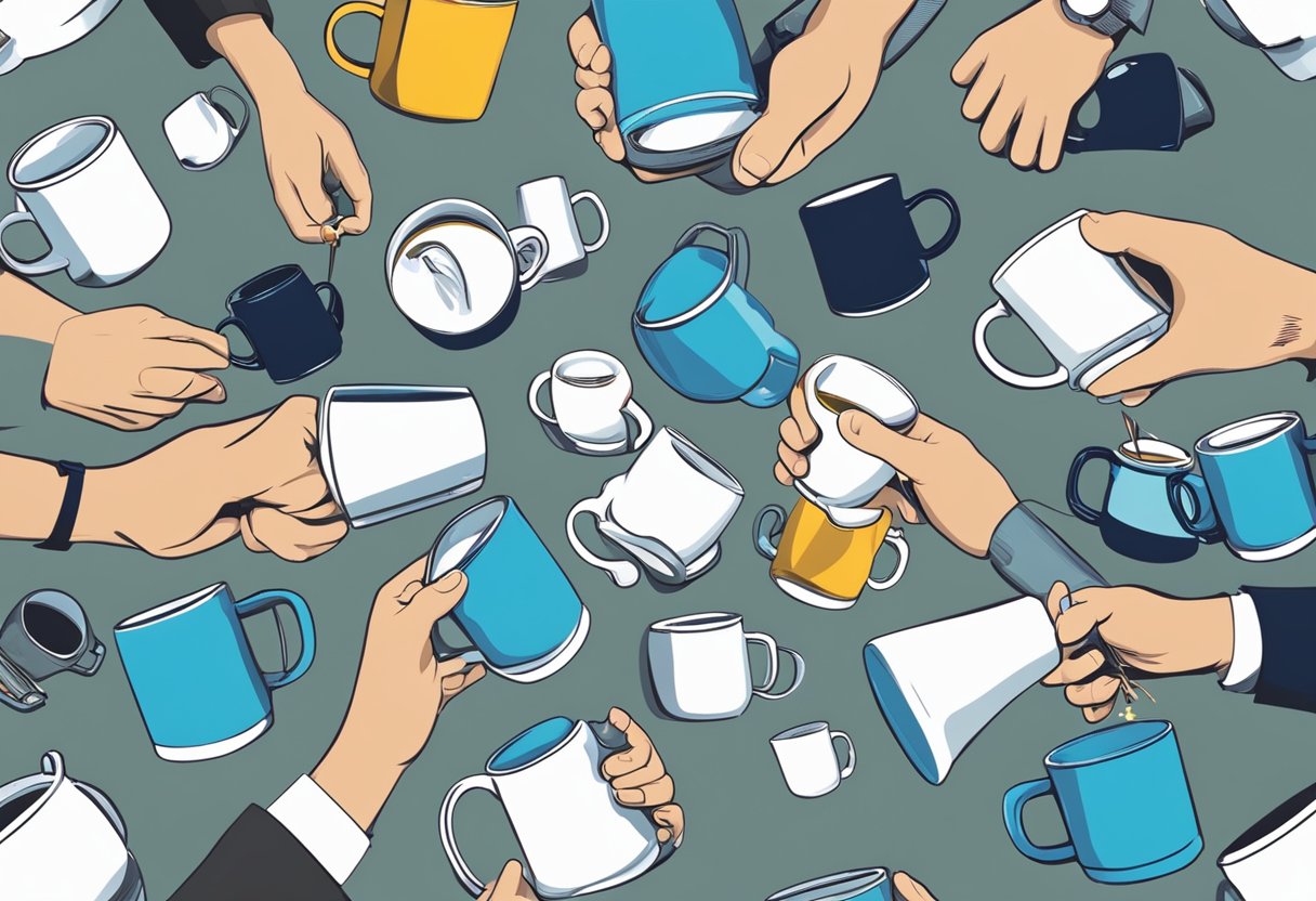 A group of corporate employees receiving anti-spill mugs as gifts, with a logo prominently displayed. Mugs are being used at desks and in meetings