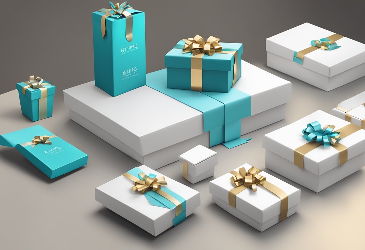 A table adorned with sleek, modern gift boxes and elegant gift bags, featuring the Innovative Gifting Strategies logo, ready for a corporate event