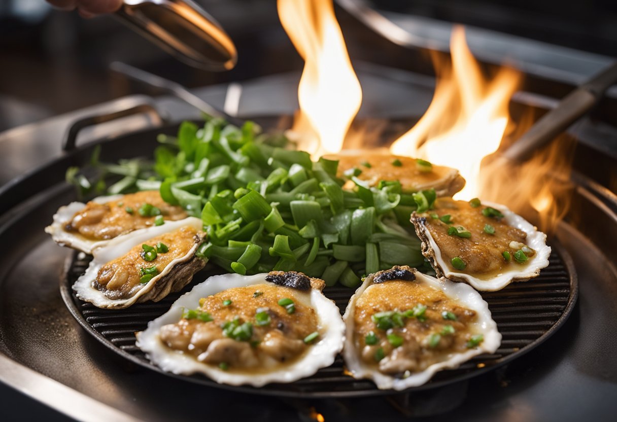 A sizzling oyster pancake cooks on a hot griddle, with steam rising and a golden-brown crust forming. The pancake is being flipped with a spatula, showing the oysters and green onions inside