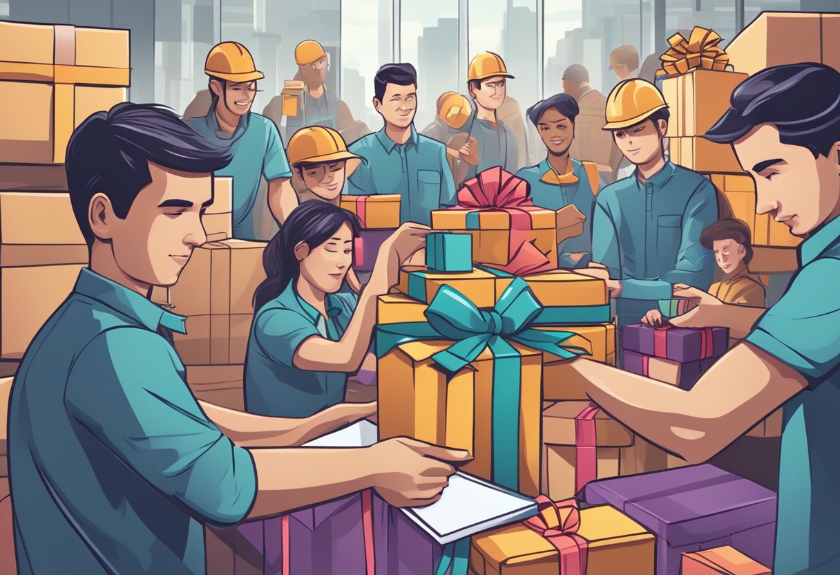 A pile of gift boxes stacked high, with ribbons and bows, surrounded by busy workers managing the corporate gifting process