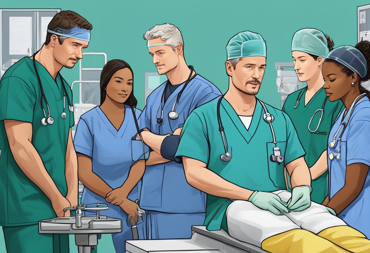 Eric Dane's career post-Mark Sloan: a surgeon in scrubs, surrounded by medical equipment, consulting with a team of doctors