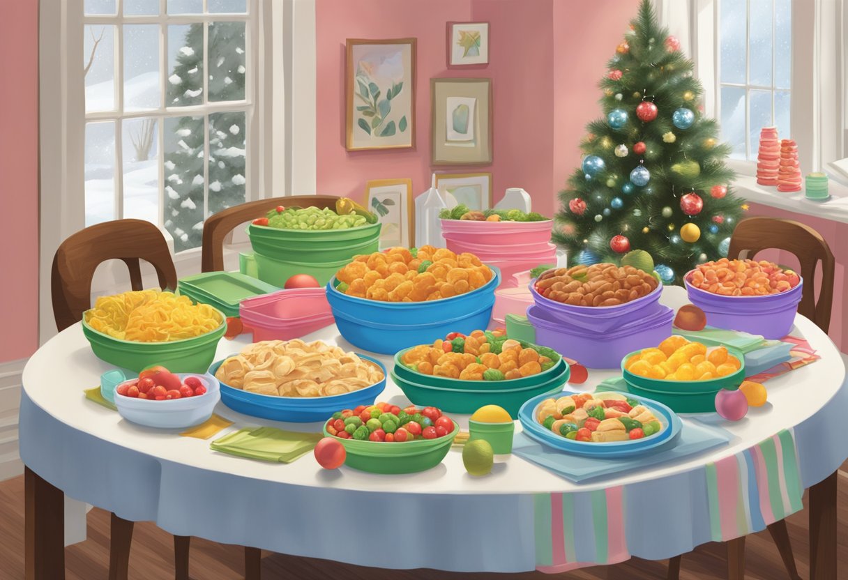 A table adorned with Tupperware products, wrapped in ribbon, and surrounded by festive decorations