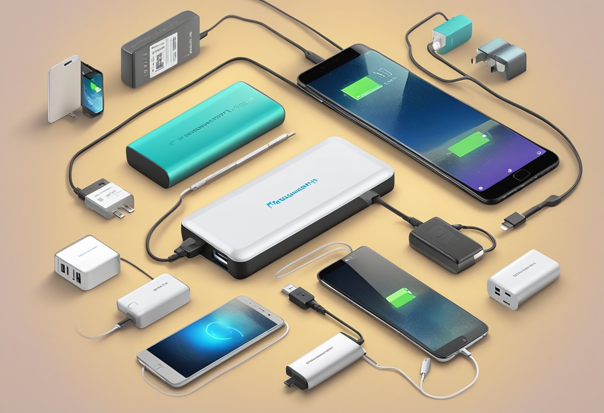 A customised portable charger surrounded by a variety of electronic devices with a "Frequently Asked Questions" label prominently displayed