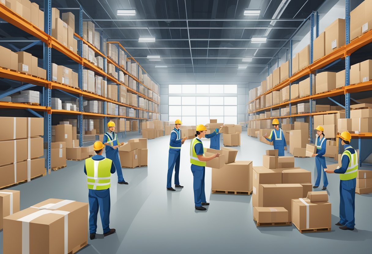 A warehouse filled with electronic corporate gifts, with workers managing logistics and client relations