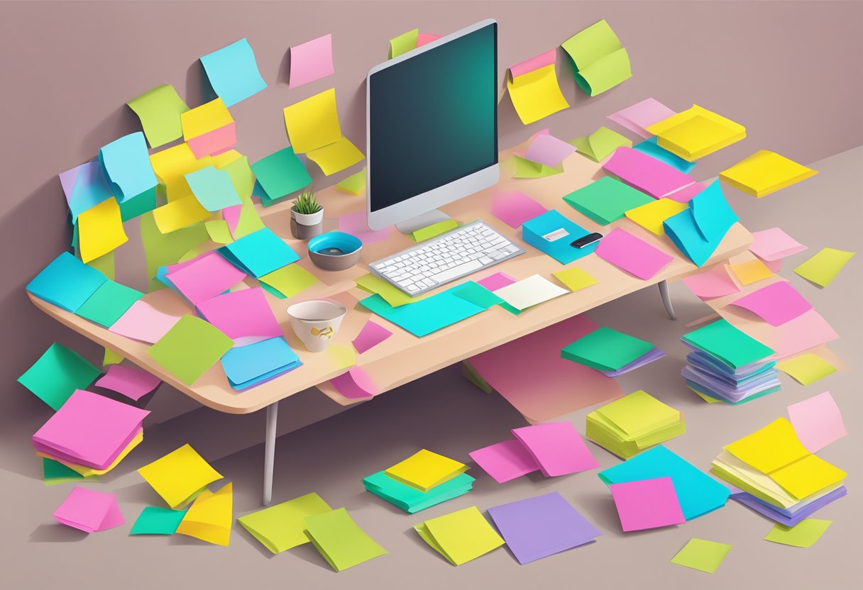 A desk covered in customised post-it notes of various colors and sizes