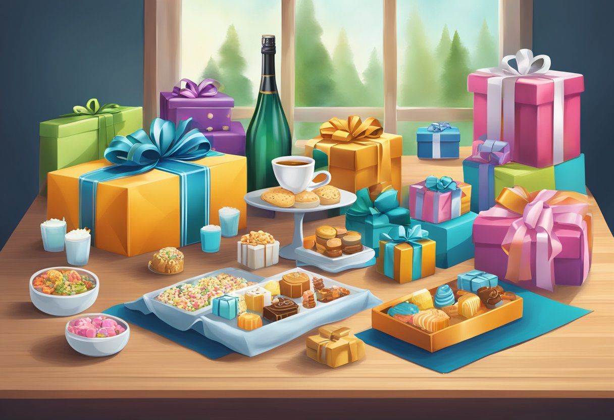 A table with a variety of gift items like branded merchandise, tech gadgets, and gourmet treats. A banner with "Frequently Asked Questions gift ideas for a corporate event" hangs above